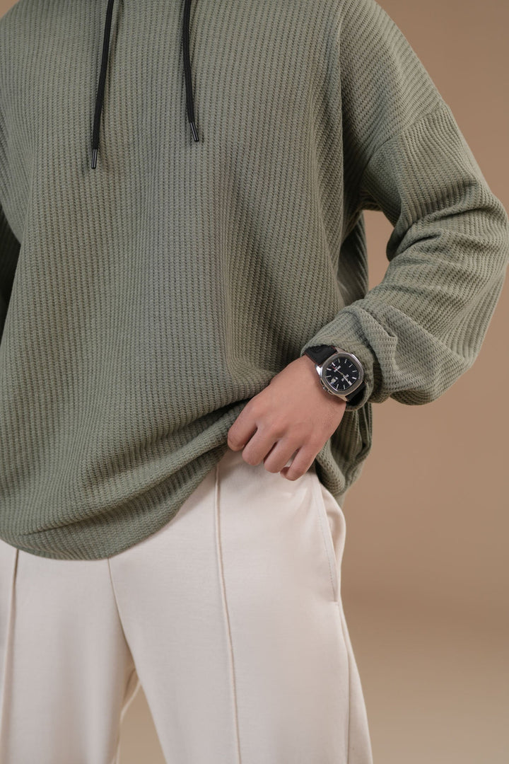 Muraqsh Ready To Wear Solids Cotton Men Olive Waffle Pullover Hoodie Relaxed Fit ABD-OWPH - Summer Collection