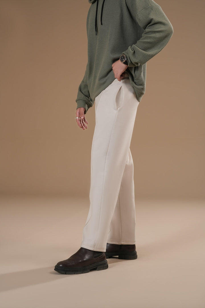 Muraqsh Ready To Wear Solids Cotton Men Off White Interlock Straight Fit Trouser with Drawstring ABD-OWISF - Summer Collection