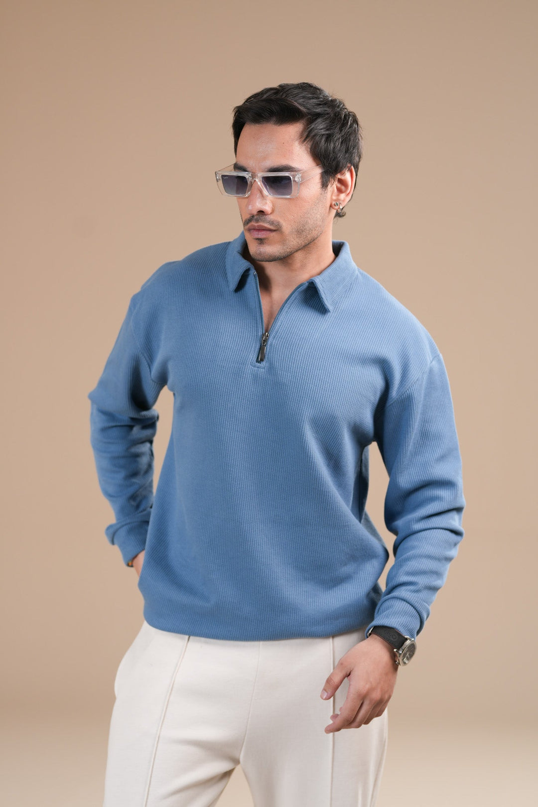 Muraqsh Ready To Wear Solids Waffle Men Sky Blue Zipper Polo Full Sleeves ABDBWZP - Summer Collection