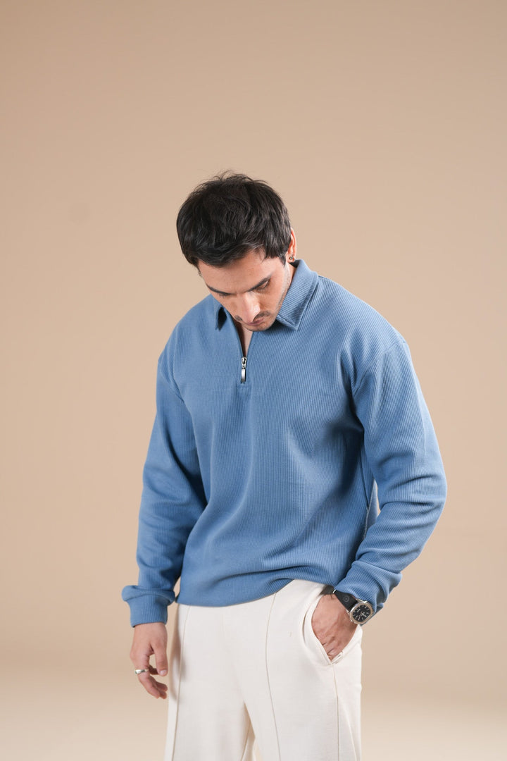 Muraqsh Ready To Wear Solids Waffle Men Sky Blue Zipper Polo Full Sleeves ABDBWZP - Summer Collection