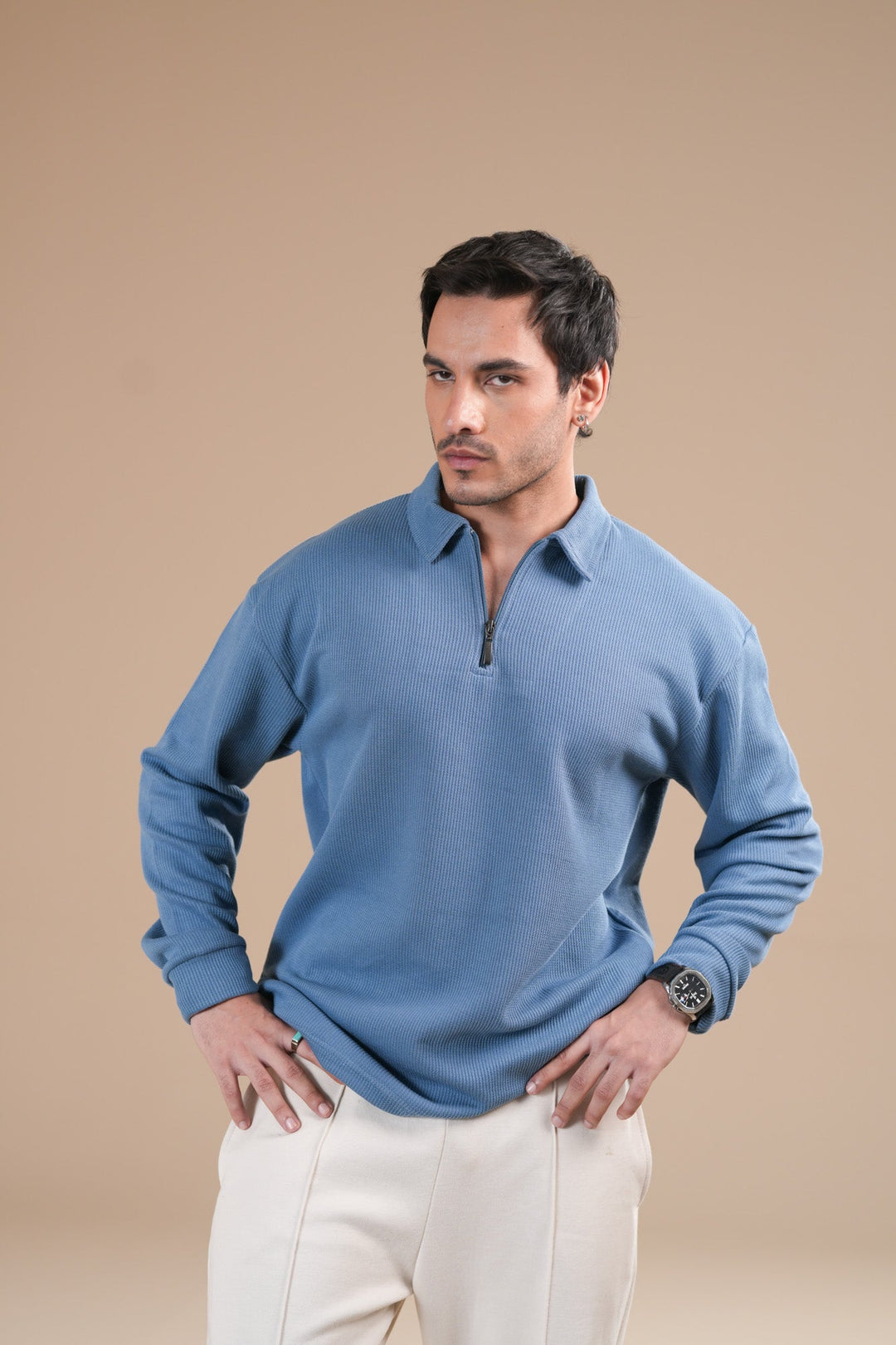 Muraqsh Ready To Wear Solids Waffle Men Sky Blue Zipper Polo Full Sleeves ABDBWZP - Summer Collection