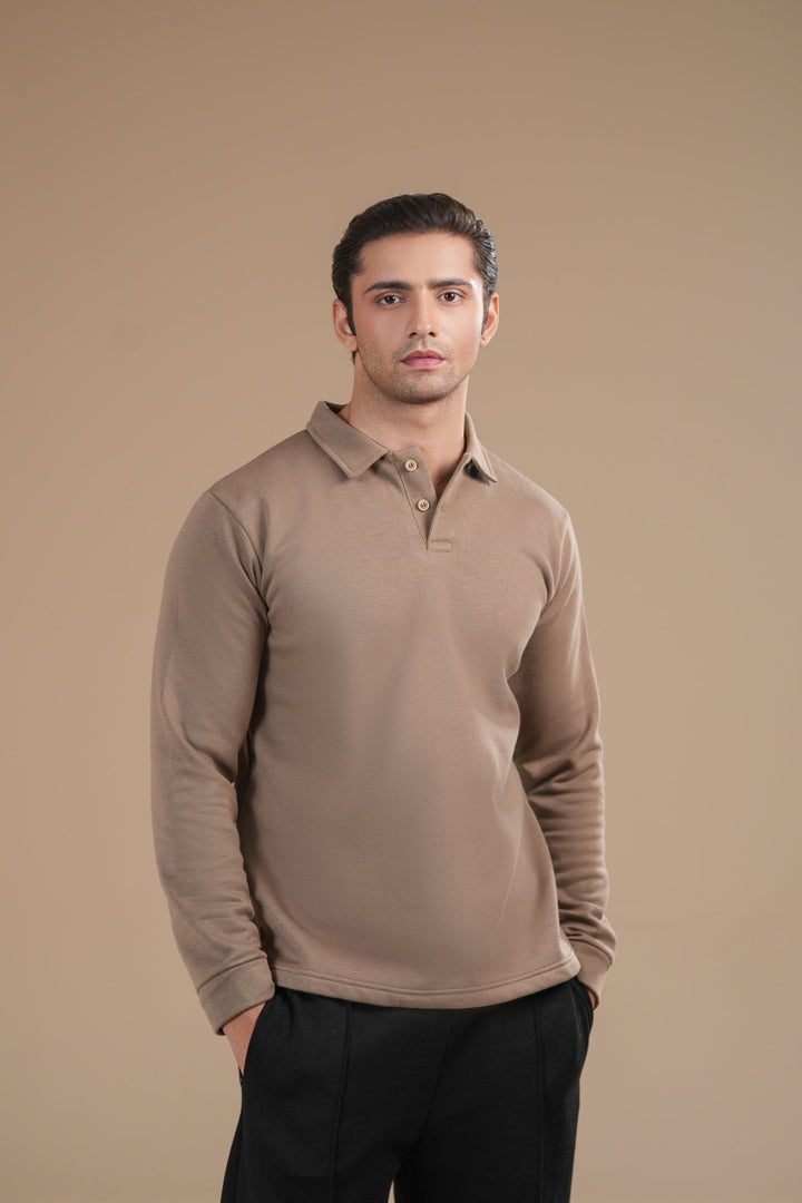Muraqsh Ready To Wear Solids Fleece Men Beige Fleece Polo Full Sleeves ABD-BFP-F - Summer Collection