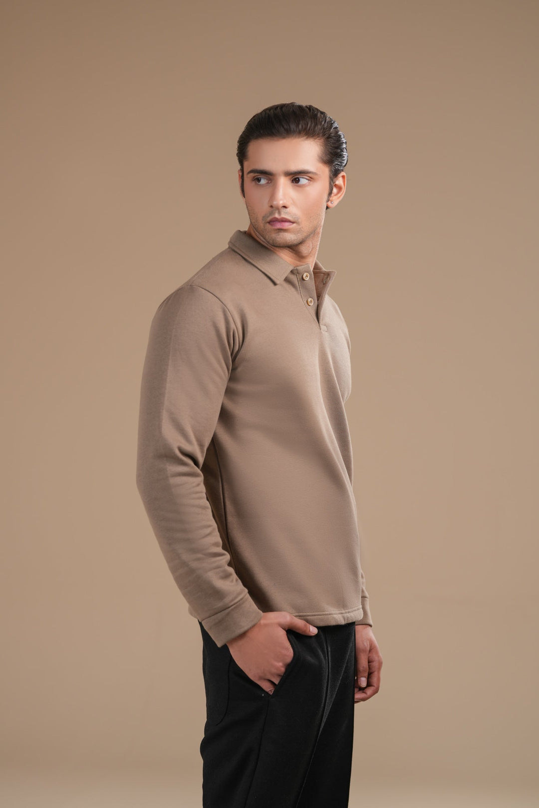 Muraqsh Ready To Wear Solids Fleece Men Beige Fleece Polo Full Sleeves ABD-BFP-F - Summer Collection