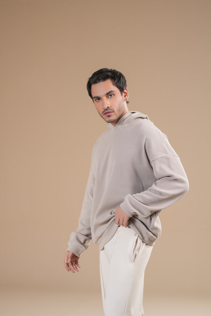 Muraqsh Ready To Wear Solids Fleece Men Beige White Pullover Hoodie Relaxed Fit  ABD-BWWPH - Winter Collection