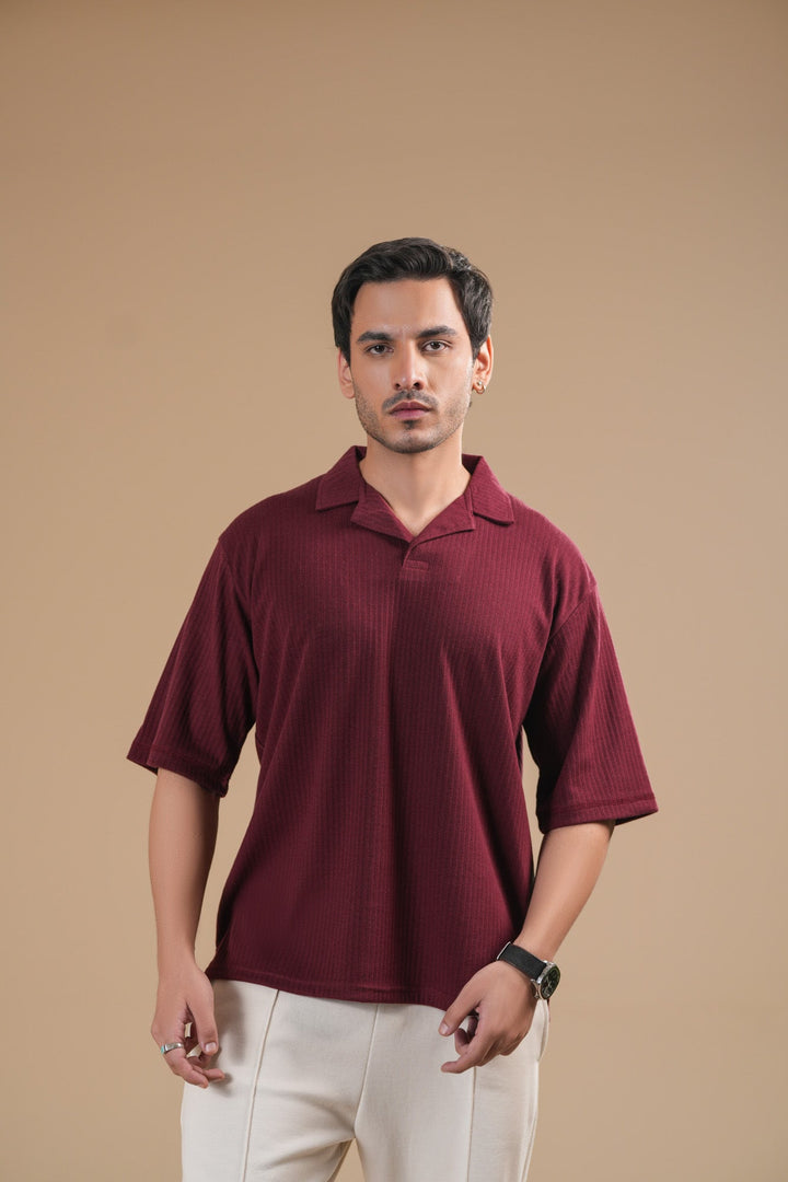 Muraqsh Ready To Wear Solids Cotton Men Maroon Ribbed Boxy Revere Polo ABDRBRP - Summer Collection