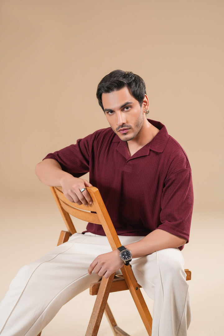 Muraqsh Ready To Wear Solids Cotton Men Maroon Ribbed Boxy Revere Polo ABDRBRP - Summer Collection
