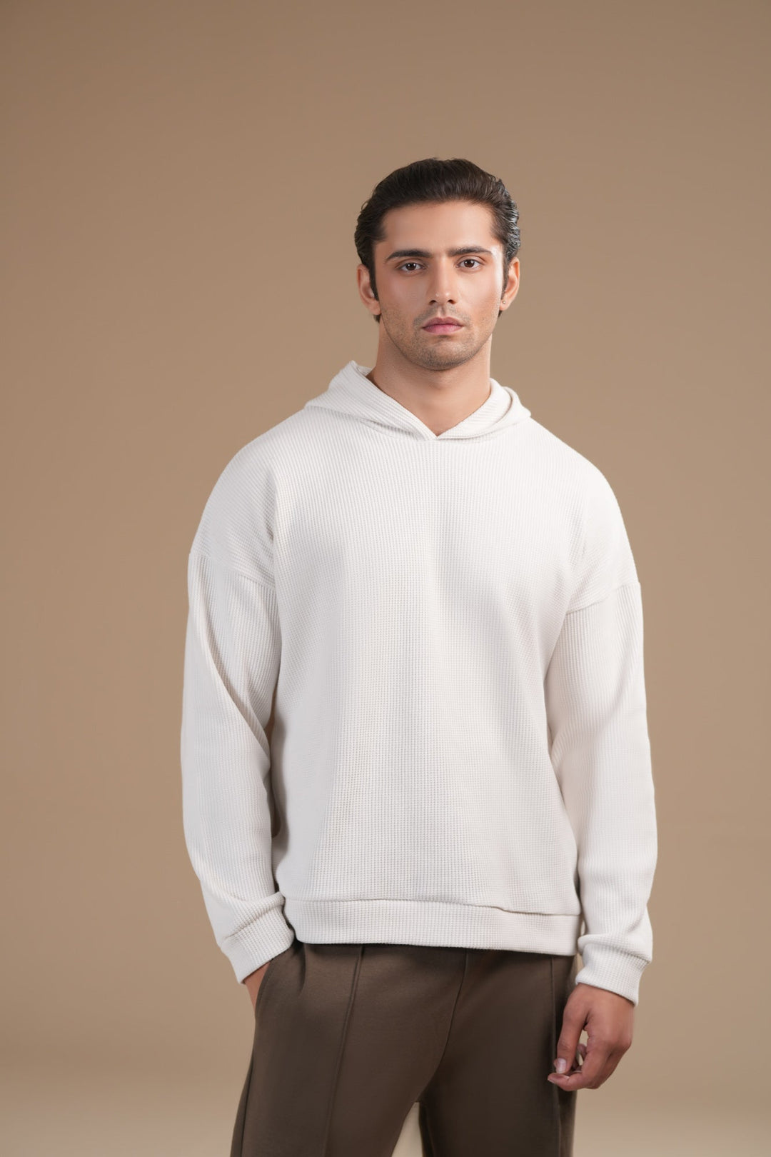 Muraqsh Ready To Wear Solids Fleece Men Off White Pullover Hoodie Relaxed Fit ABD-OWWPH - Winter Collection
