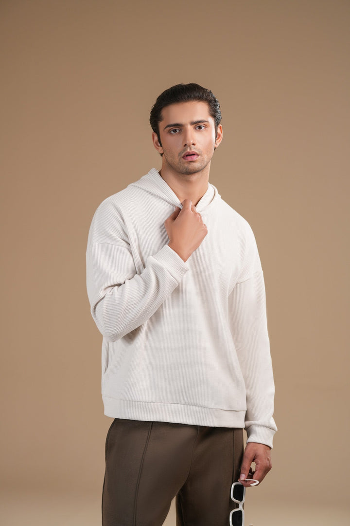 Muraqsh Ready To Wear Solids Fleece Men Off White Pullover Hoodie Relaxed Fit ABD-OWWPH - Winter Collection