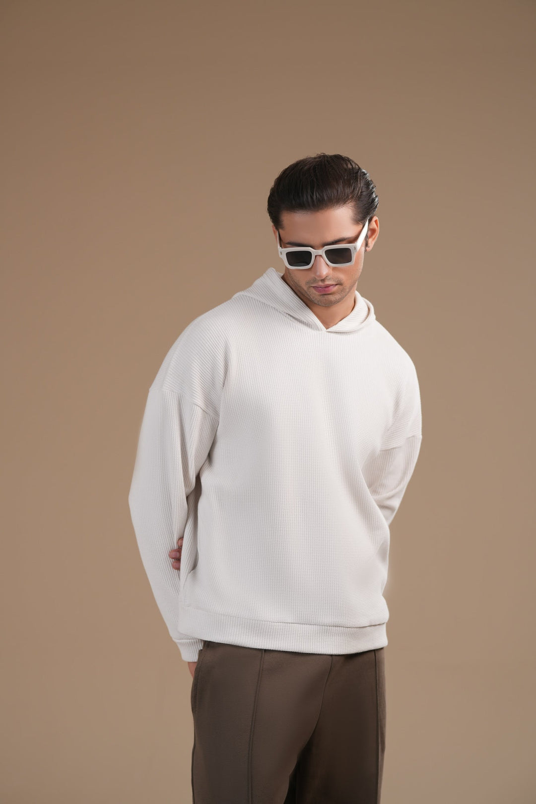 Muraqsh Ready To Wear Solids Fleece Men Off White Pullover Hoodie Relaxed Fit ABD-OWWPH - Winter Collection
