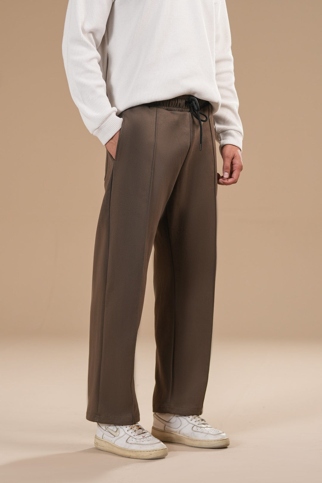 Muraqsh Ready To Wear Solids Cotton Men Brown Interlock Straight Fit Trouser with Drawstring ABD-BISFT - Summer Collection