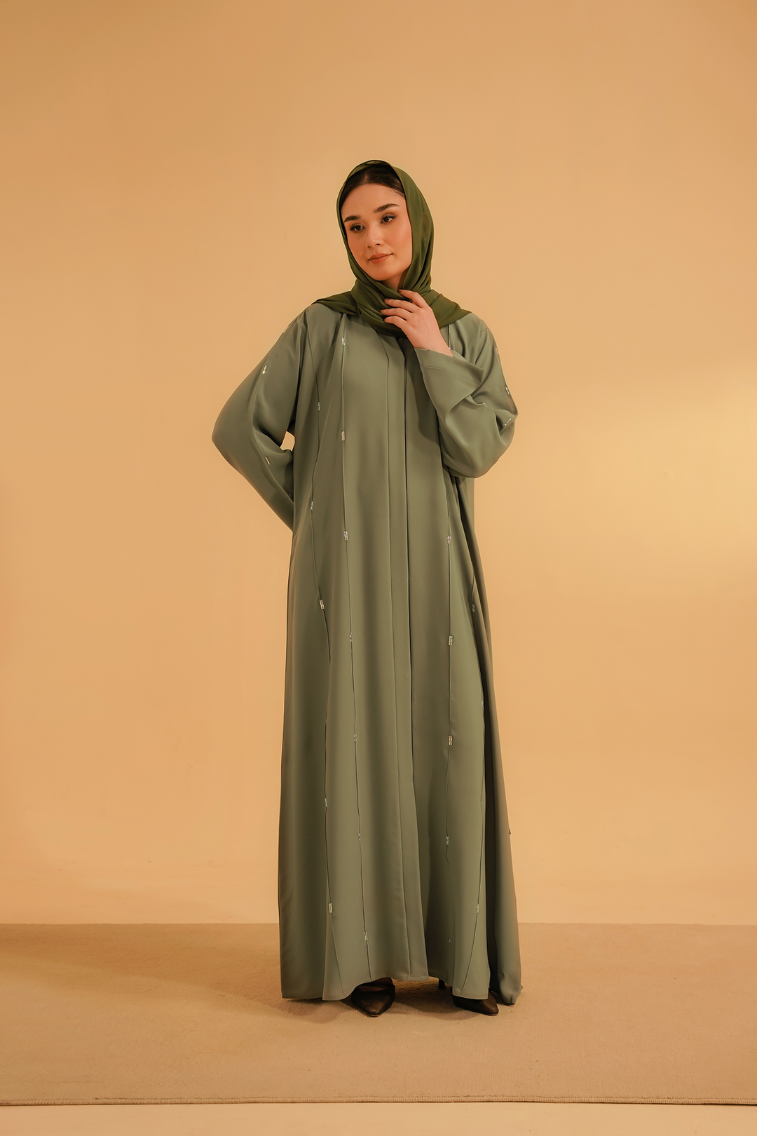 Divinely Crafted Abaya Casual Crepe 1 Piece Embellished Abaya | Sage Green