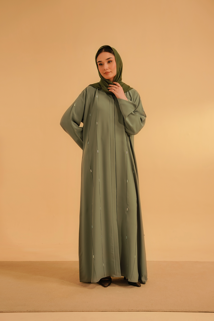 Divinely Crafted Abaya Casual Crepe 1 Piece Embellished Abaya | Sage Green
