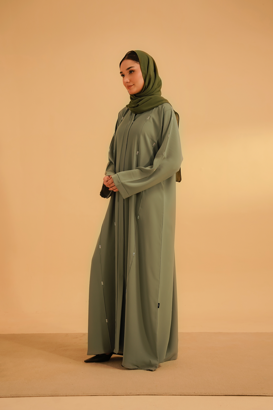 Divinely Crafted Abaya Casual Crepe 1 Piece Embellished Abaya | Sage Green