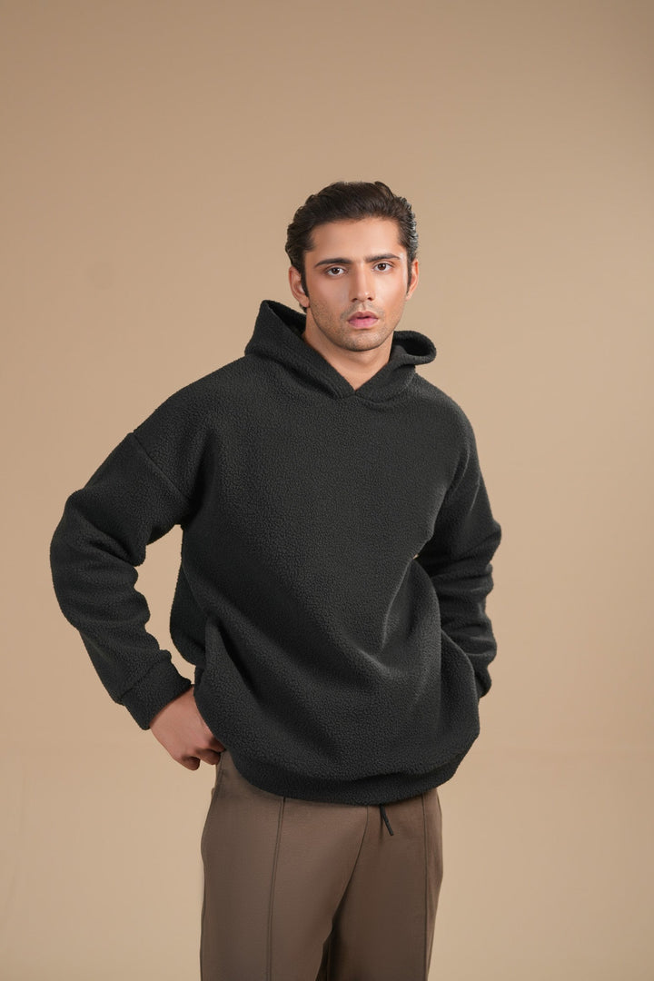 Muraqsh Ready To Wear Solids Fleece Men Black Sherpa Hoodie Relaxed Fit ABD-BSH-R - Winter Collection