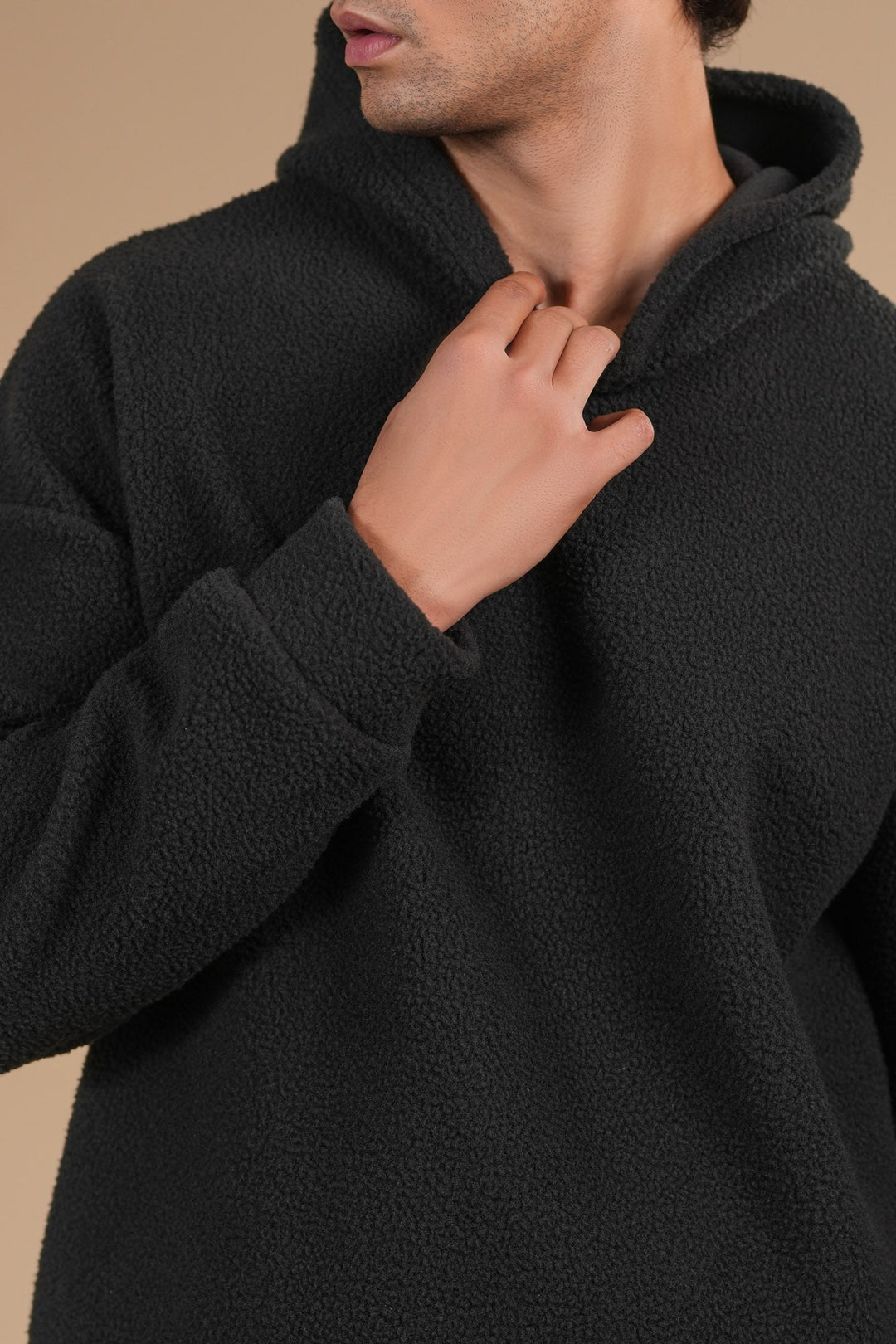 Muraqsh Ready To Wear Solids Fleece Men Black Sherpa Hoodie Relaxed Fit ABD-BSH-R - Winter Collection