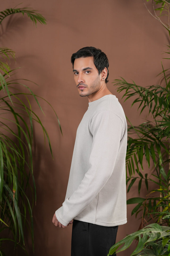 Muraqsh Ready To Wear Solids Waffle Men White Knit Sweat Shirt Relaxed Fit ABD-OWWKS - Summer Collection