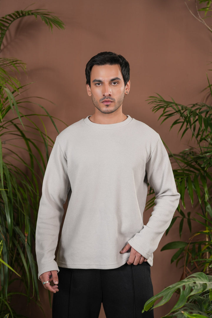 Muraqsh Ready To Wear Solids Waffle Men White Knit Sweat Shirt Relaxed Fit ABD-OWWKS - Summer Collection