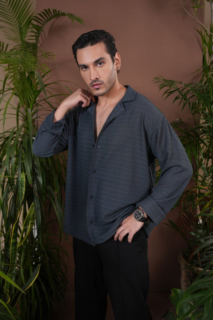 Muraqsh Ready To Wear Solids Jacquard Men Bluish Grey Revere Button Shirt ABD-BGJKR - Winter Collection