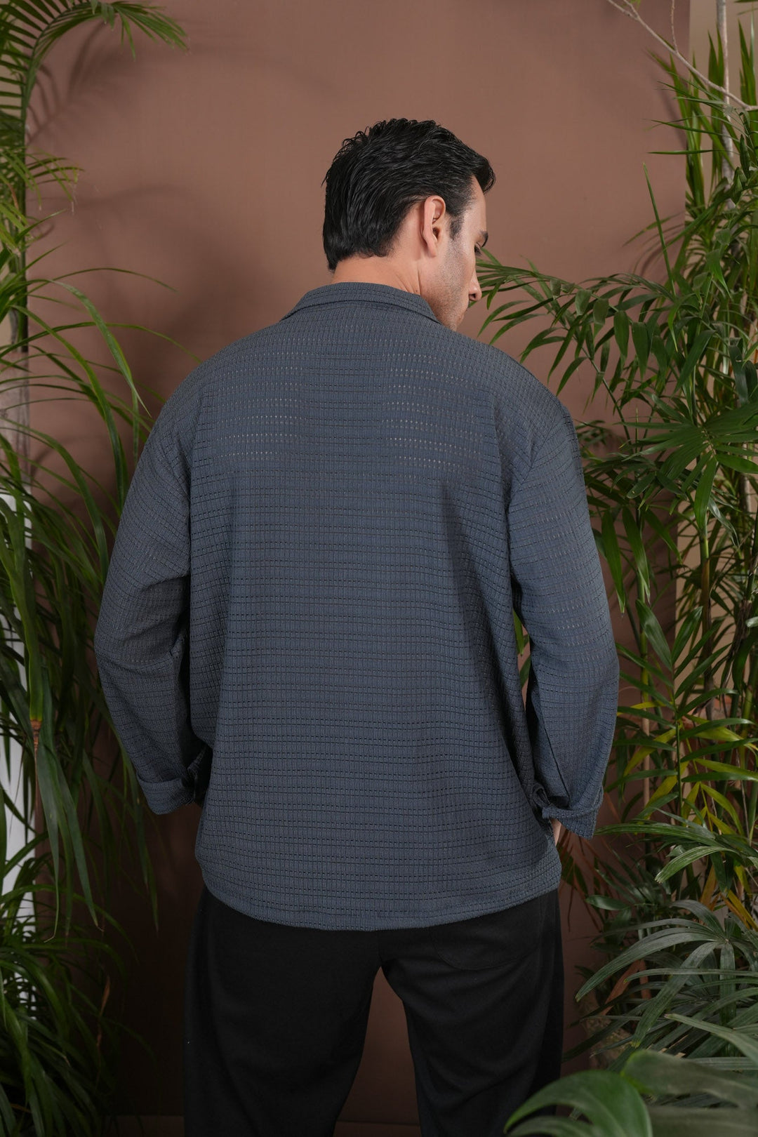 Muraqsh Ready To Wear Solids Jacquard Men Bluish Grey Revere Button Shirt ABD-BGJKR - Winter Collection