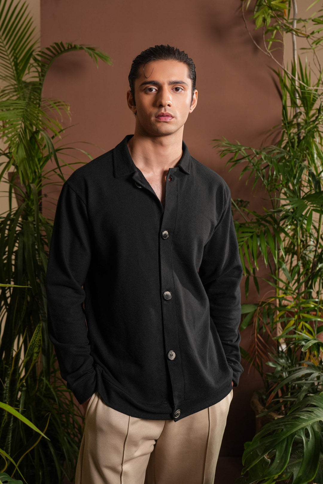 Muraqsh Ready To Wear Solids Cotton Men Black Polo Collar Cardigan ABD-BPCC - Winter Collection