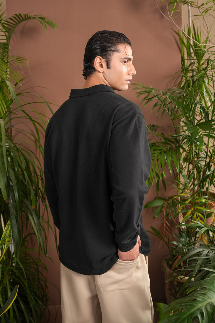 Muraqsh Ready To Wear Solids Cotton Men Black Polo Collar Cardigan ABD-BPCC - Winter Collection