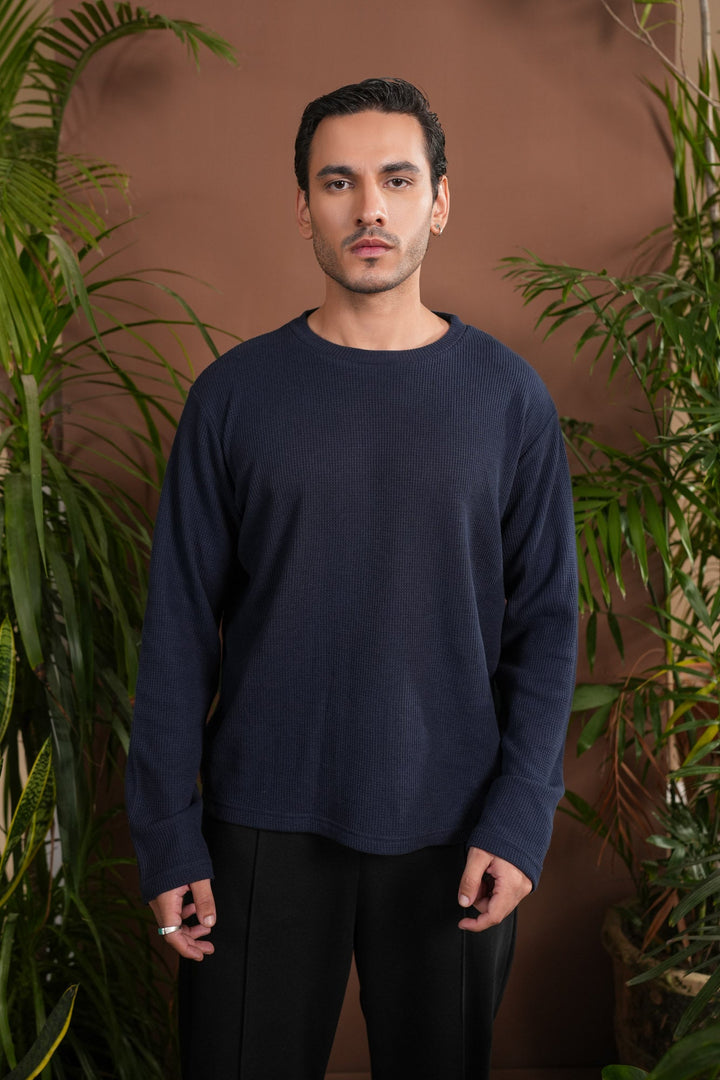 Muraqsh Ready To Wear Solids Waffle Men Navy Blue Knit Sweat Shirt Relaxed Fit ABD-NBWKS - Summer Collection