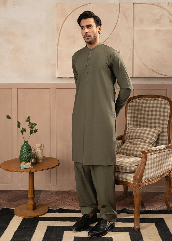 Riwayat by Buraq Mens RTW Solids Cotton 2 Piece Suit Olive Green Casual Collection