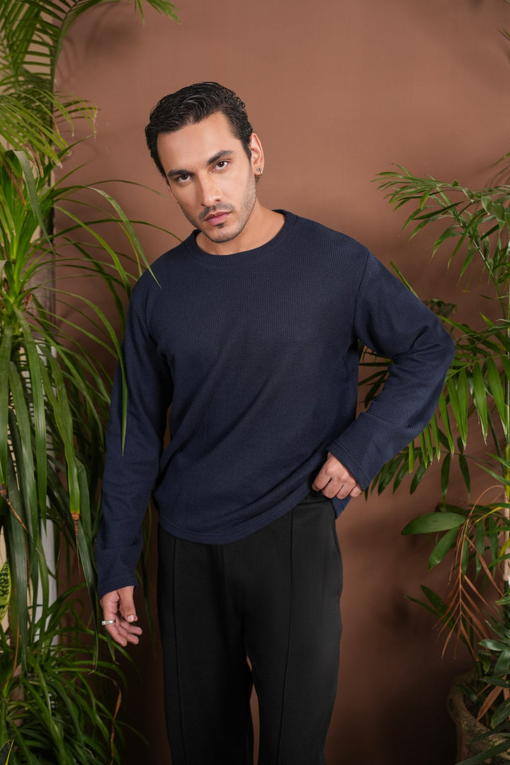 Muraqsh Ready To Wear Solids Waffle Men Navy Blue Knit Sweat Shirt Relaxed Fit ABD-NBWKS - Summer Collection