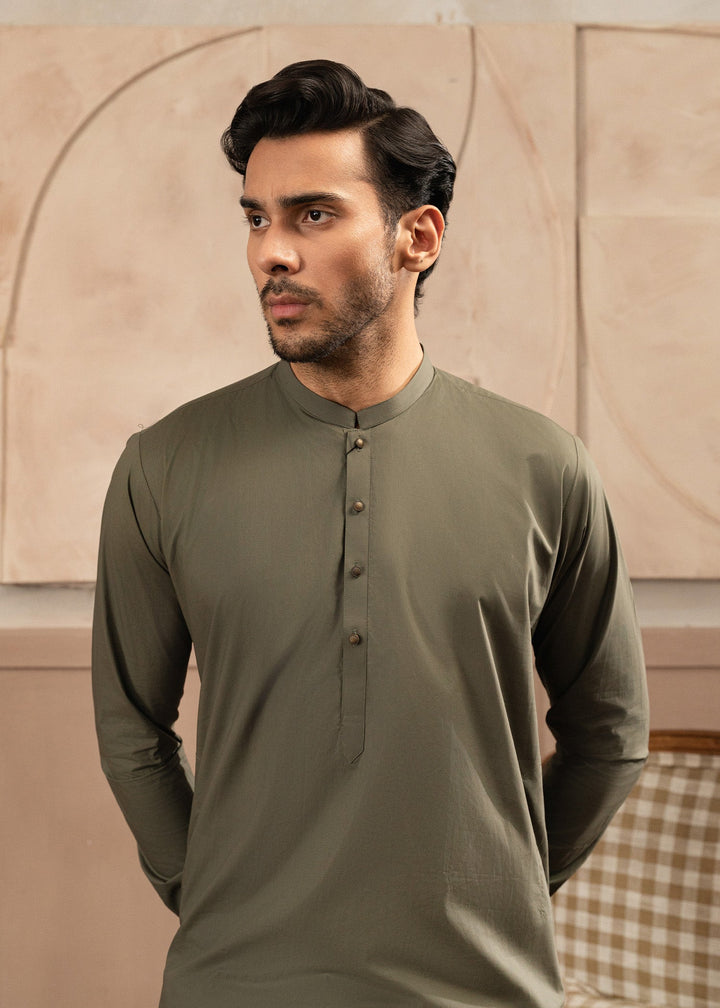 Riwayat by Buraq Mens RTW Solids Cotton 2 Piece Suit Olive Green Casual Collection