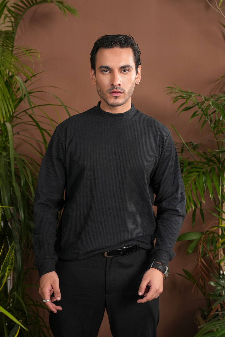 Muraqsh Ready To Wear Solids Cotton Men Ribbed Black Mock Neck Relaxed Fit ABD-BRMN - Summer Collection