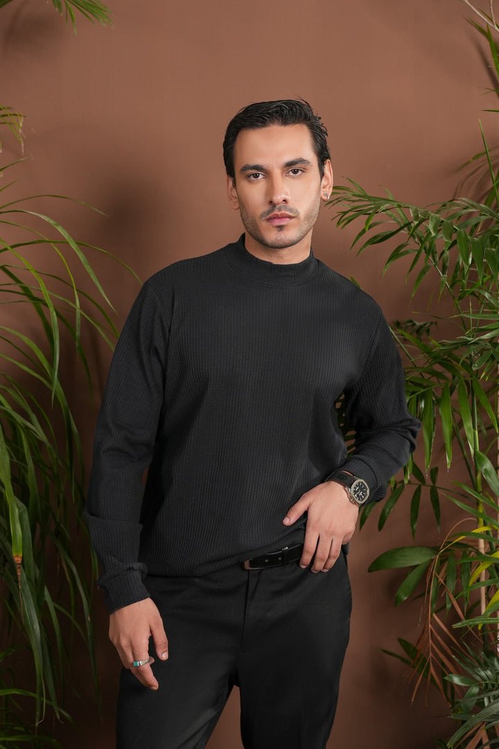 Muraqsh Ready To Wear Solids Cotton Men Ribbed Black Mock Neck Relaxed Fit ABD-BRMN - Summer Collection