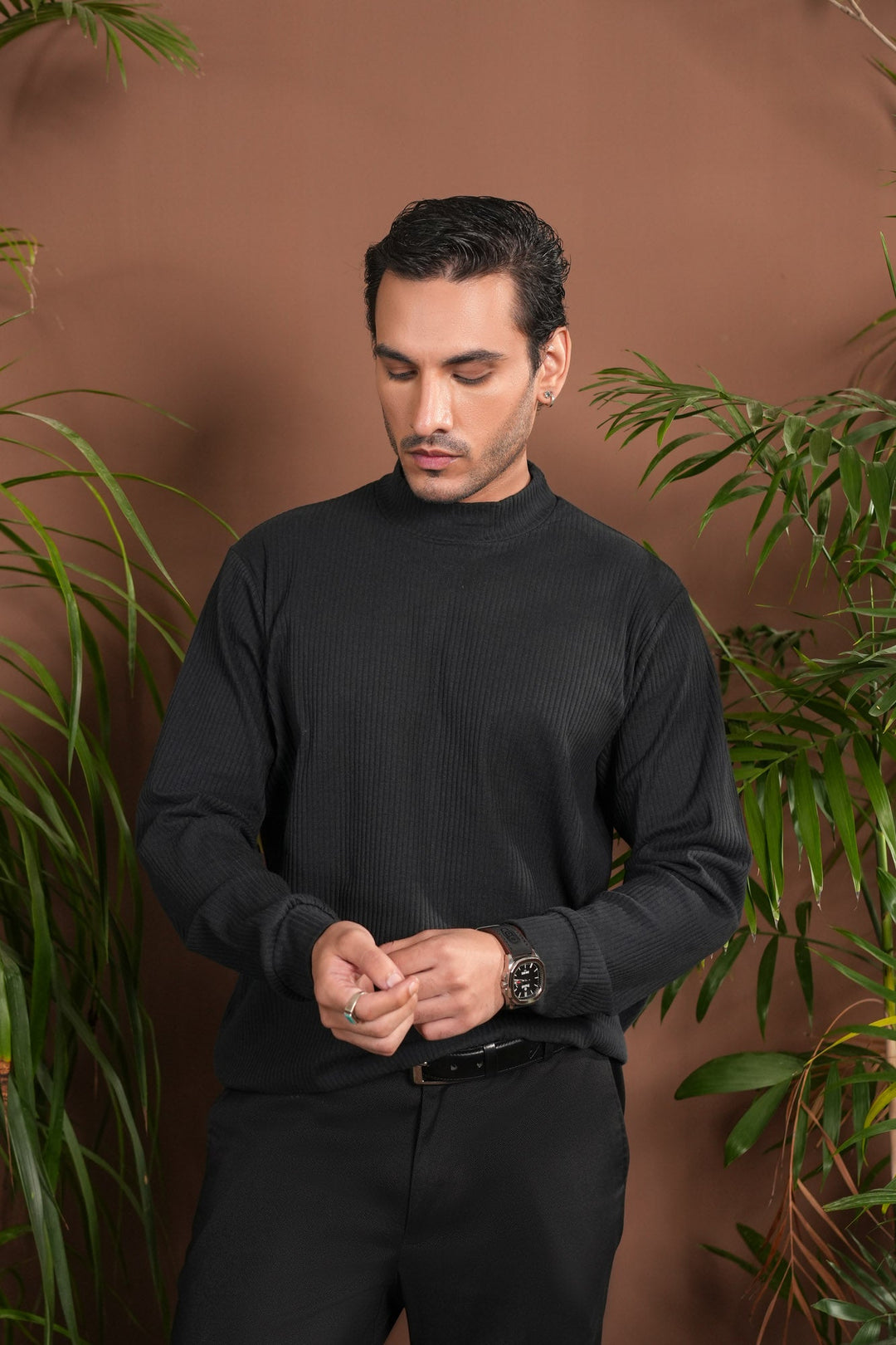 Muraqsh Ready To Wear Solids Cotton Men Ribbed Black Mock Neck Relaxed Fit ABD-BRMN - Summer Collection