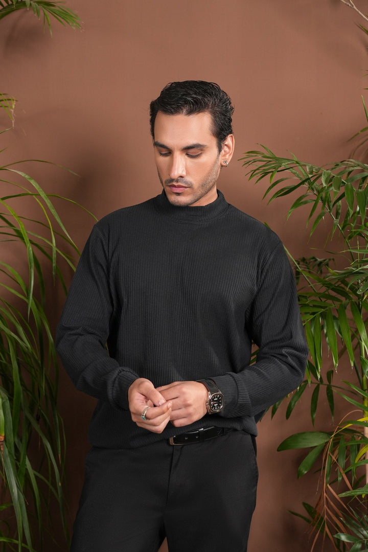 Muraqsh Ready To Wear Solids Cotton Men Ribbed Black Mock Neck Relaxed Fit ABD-BRMN - Summer Collection