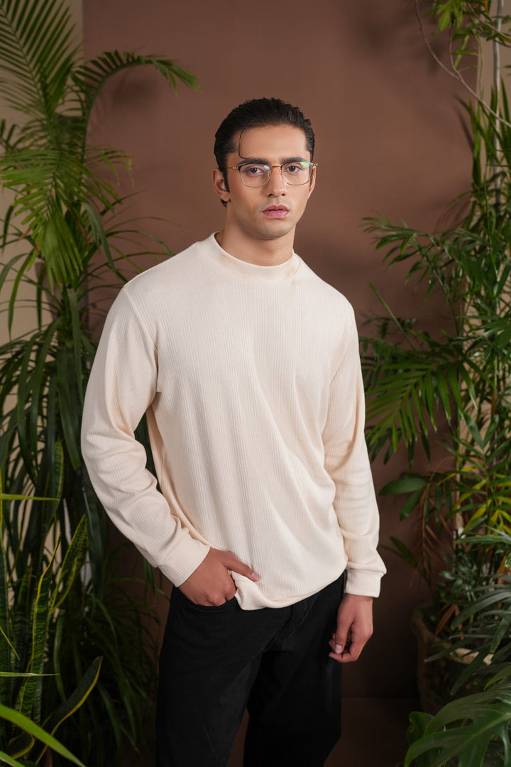 Muraqsh Ready To Wear Solids Cotton Men Ribbed White Mock Neck Relaxed Fit ABD-OWRMN - Summer Collection