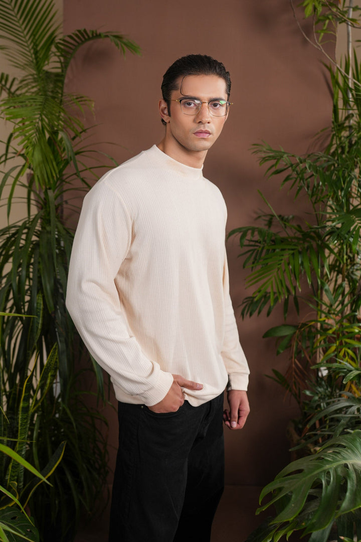 Muraqsh Ready To Wear Solids Cotton Men Ribbed White Mock Neck Relaxed Fit ABD-OWRMN - Summer Collection
