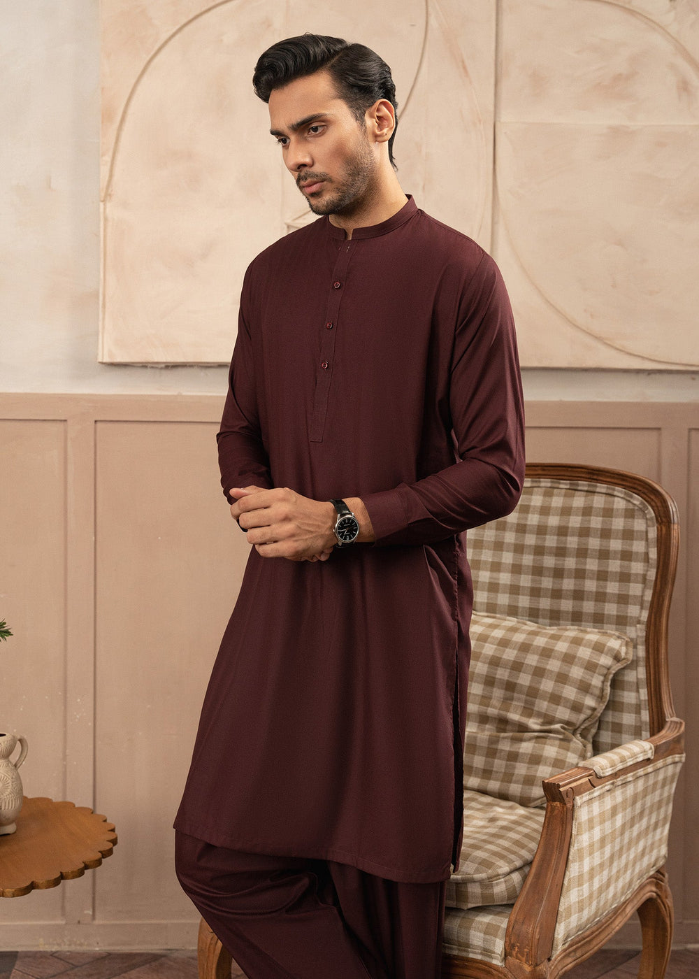 Alif by Buraq Mens RTW Solids Wash N Wear 2 Piece Suit Maroon Ban Casual Collection