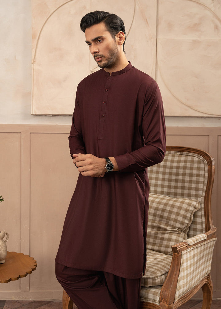 Alif by Buraq Mens RTW Solids Wash N Wear 2 Piece Suit Maroon Ban Casual Collection