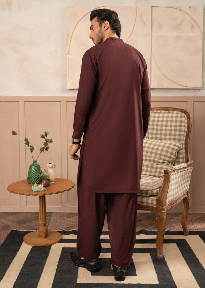 Alif by Buraq Mens RTW Solids Wash N Wear 2 Piece Suit Maroon Ban Casual Collection