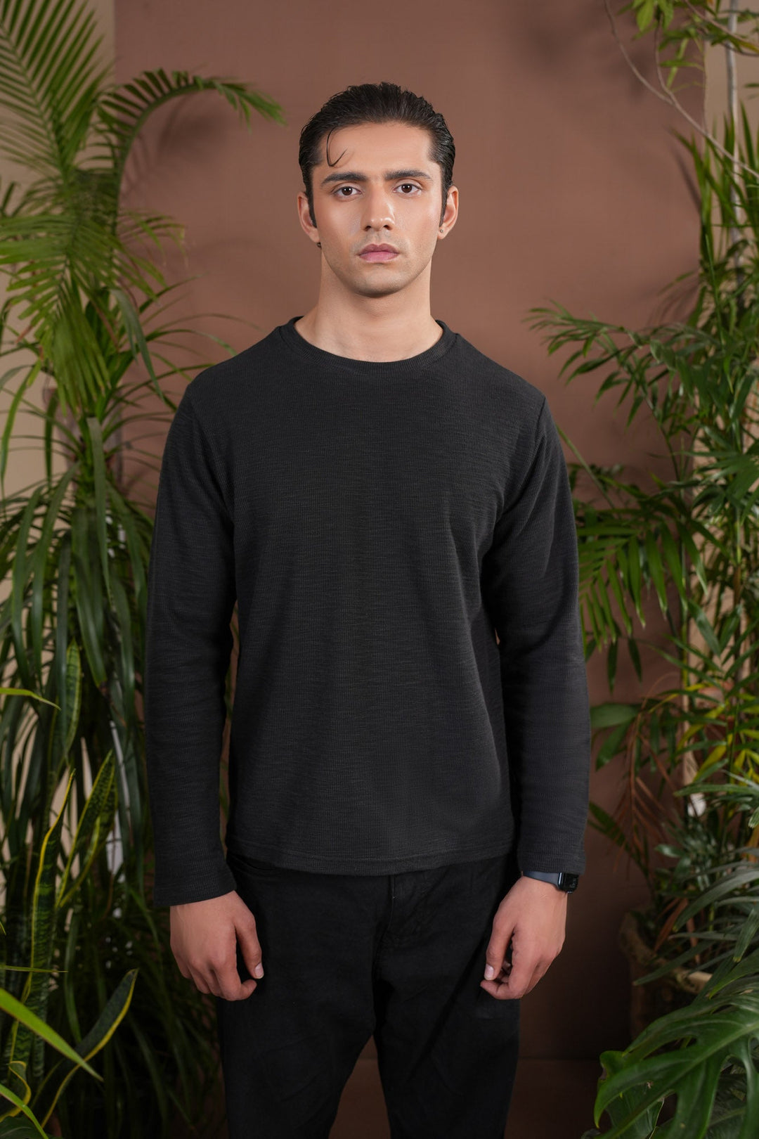 Muraqsh Ready To Wear Solids Waffle Men Black Knit Sweat Shirt Relaxed Fit ABD-BWKSS - Summer Collection