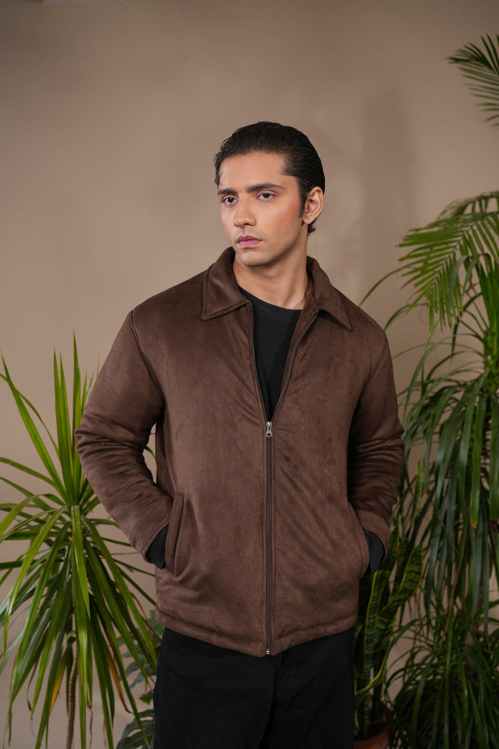 Muraqsh Ready To Wear Solids Suede Men Dark Brown Premium Suede Bomber Jacket ABD-DBPSB - Winter Collection