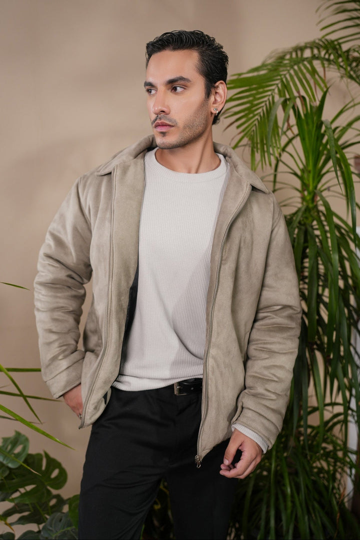 Muraqsh Ready To Wear Solids Suede Men Sage Green Premium Suede Bomber Jacket ABDGPSB - Winter Collection