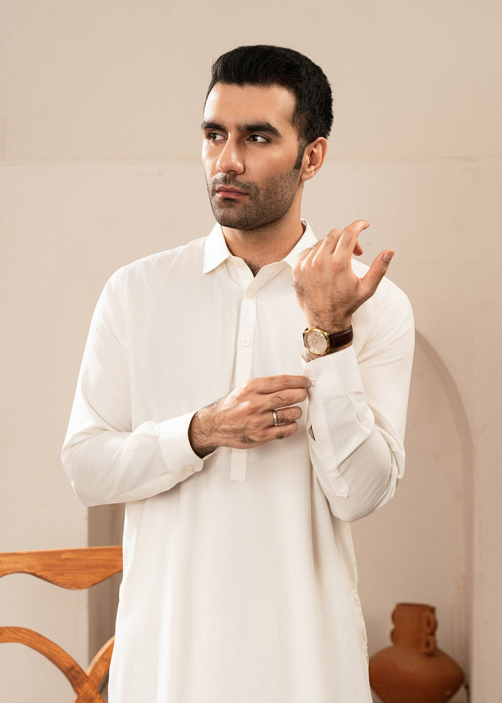 Alif by Buraq Mens RTW Solids Wash N Wear 2 Piece Suit White Collared Casual Collection