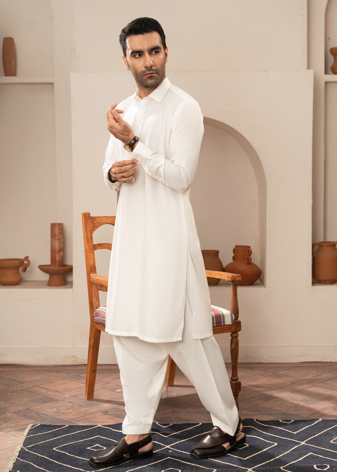 Alif by Buraq Mens RTW Solids Wash N Wear 2 Piece Suit White Collared Casual Collection