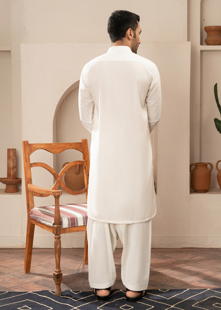 Alif by Buraq Mens RTW Solids Wash N Wear 2 Piece Suit White Collared Casual Collection