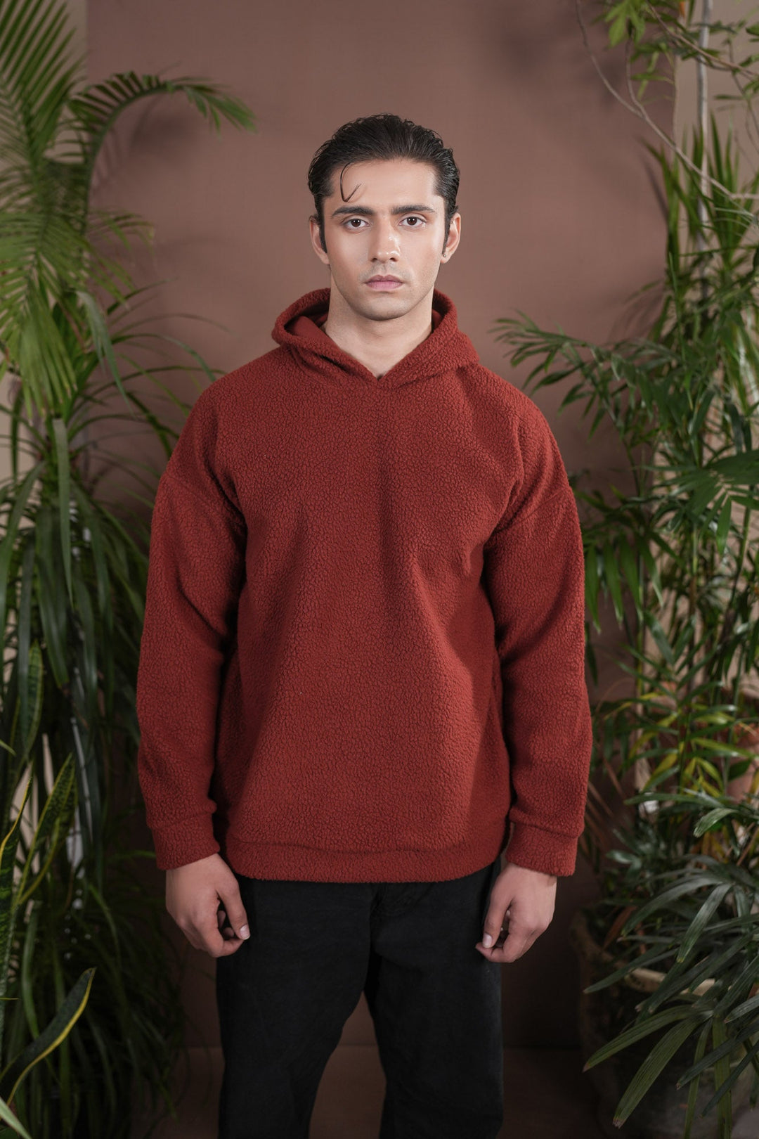Muraqsh Ready To Wear Solids Fleece Men Rust Sherpa Hoodie Relaxed Fit ABD-RSH-R - Winter Collection