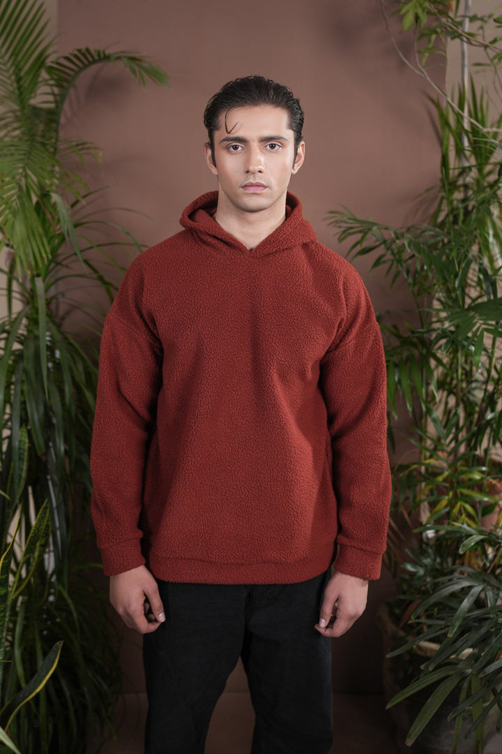 Muraqsh Ready To Wear Solids Fleece Men Rust Sherpa Hoodie Relaxed Fit ABD-RSH-R - Winter Collection