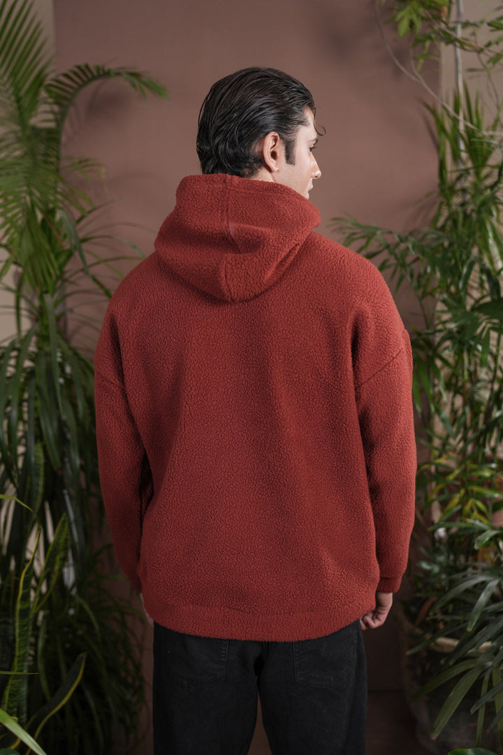 Muraqsh Ready To Wear Solids Fleece Men Rust Sherpa Hoodie Relaxed Fit ABD-RSH-R - Winter Collection