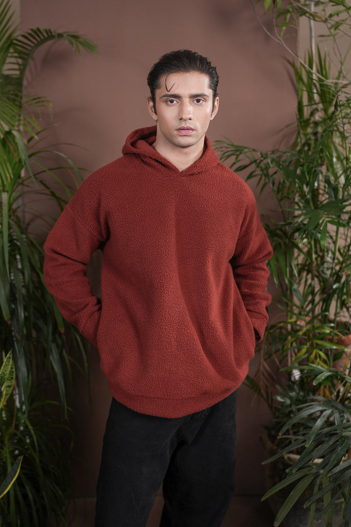 Muraqsh Ready To Wear Solids Fleece Men Rust Sherpa Hoodie Relaxed Fit ABD-RSH-R - Winter Collection