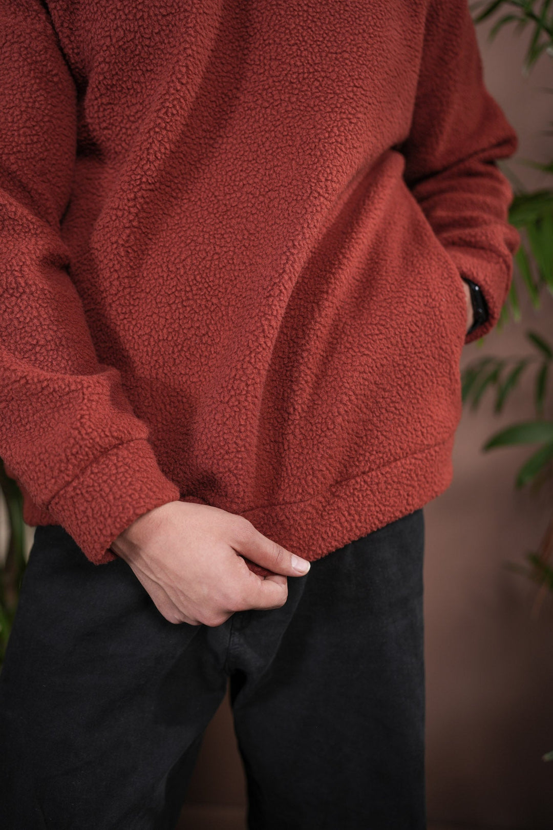 Muraqsh Ready To Wear Solids Fleece Men Rust Sherpa Hoodie Relaxed Fit ABD-RSH-R - Winter Collection