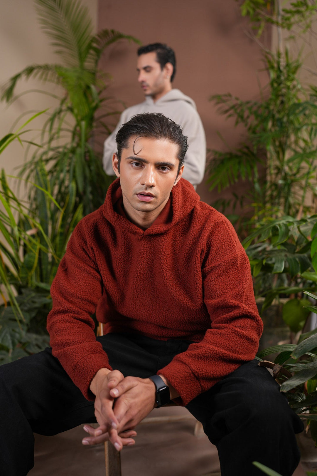 Muraqsh Ready To Wear Solids Fleece Men Rust Sherpa Hoodie Relaxed Fit ABD-RSH-R - Winter Collection